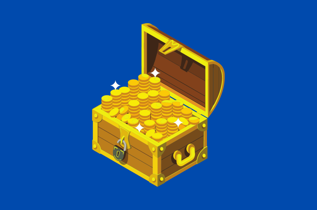 Saiba como tornar os serviços de Copywriting mais valiosos - Ilustração de um baú do tesouro com moedas de ouro em um fundo azul