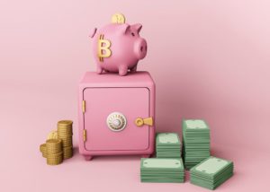 Conheça a principal fonte de renda passiva para Copywriters - Ilustração de dois cofres rosas (um no formato de um porco e outro quadrado) com pilhas de moedas e cédulas de dinheiro ao redor.