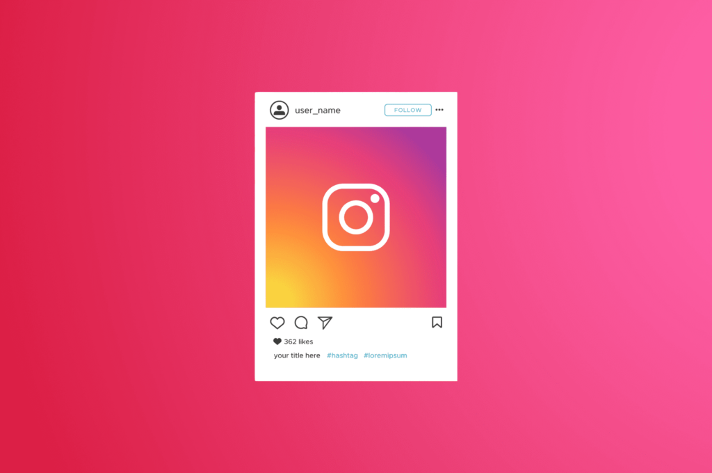 Copywriting para Instagram: saiba como transformar seguidores em clientes - Ilustração de um post de feed do Instagram em um fundo degradê rosa.