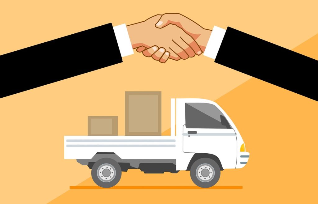 Overdelivery para Copywriters: Como fazer os clientes implorar para te contratar - Ilustração de um aperto de mãos fechando um negócio enquanto, com um caminhão de entrega ao fundo sobre um background amarelo