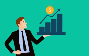 Como aumentar as vendas do seu negócio digital em 3 passos - Ilustração de um empresário segurando um gráfico, representando o aumento nas vendas, em uma das mãos.