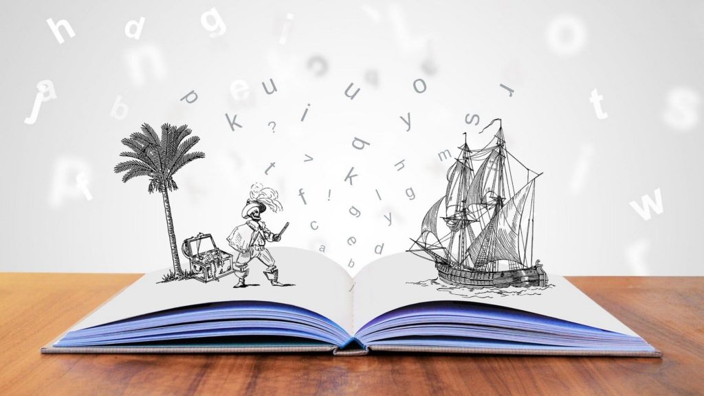 O que é Storytelling: Desvende a técnica persuasiva que até Jesus usou - Livro aberto de onde saem letras flutuando e nas páginas a ilustração de um pirata e de um navio.