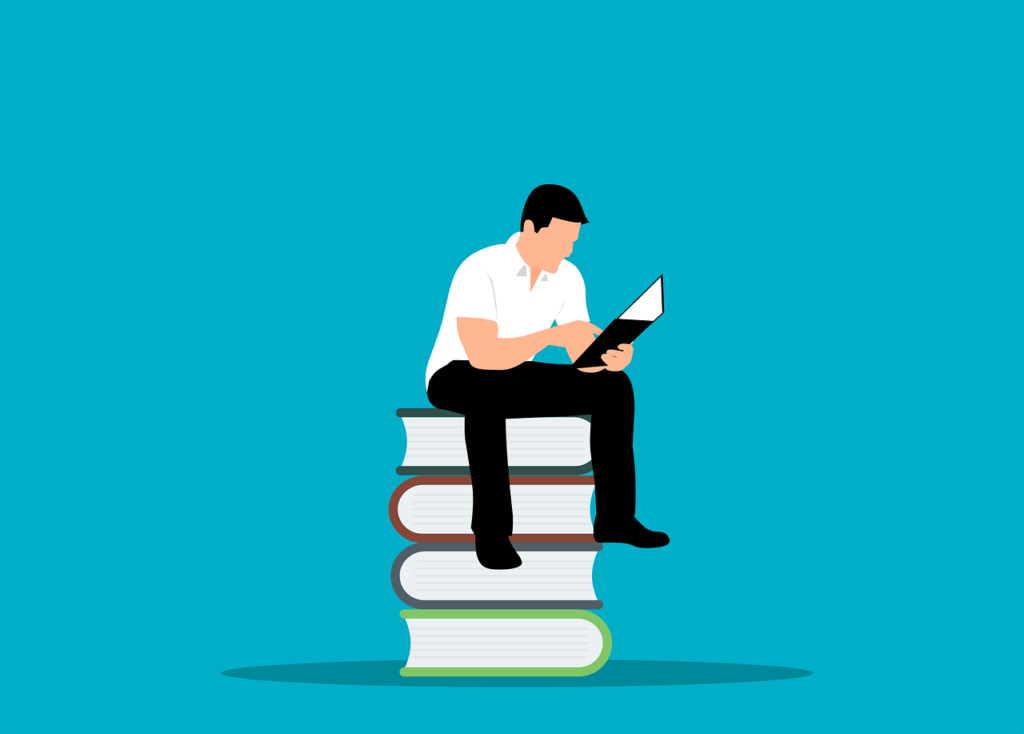 Método VL para escrever Copy para nichos complexos - Ilustração de um homem sentado sobre uma pilha de livros, lendo um livro