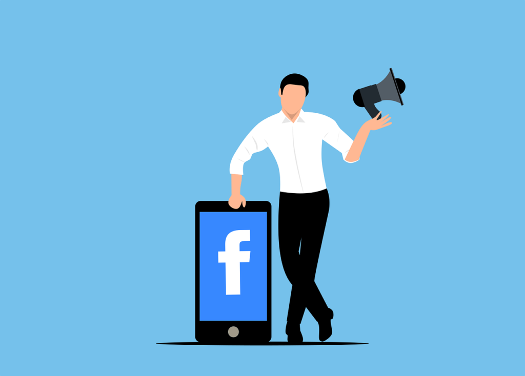 4 diferenças entre o marketing de afiliados e o mercado de trabalho online - Ilustração de um profissional apoiado em um celular com o ícone do facebook na tela e um megafone da mão