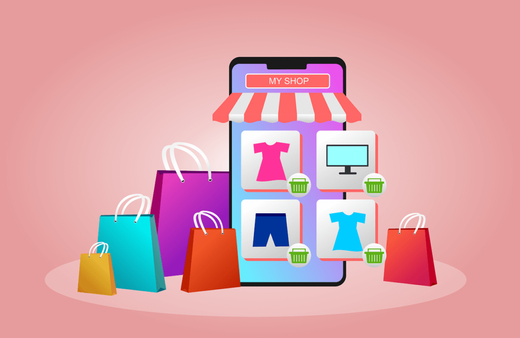 Copy para produtos físicos: 10 técnicas de persuasão que você precisa usar para vender em escala - Ilustração do várias sacolas e produtos saindo de um celular, representando uma loja online