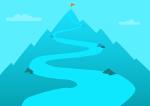 Jornada de compra: como funciona, quais são as etapas - Ilustração de um caminho rumo ao topo de um monte onde foi colocado uma bandeira na cor laranja