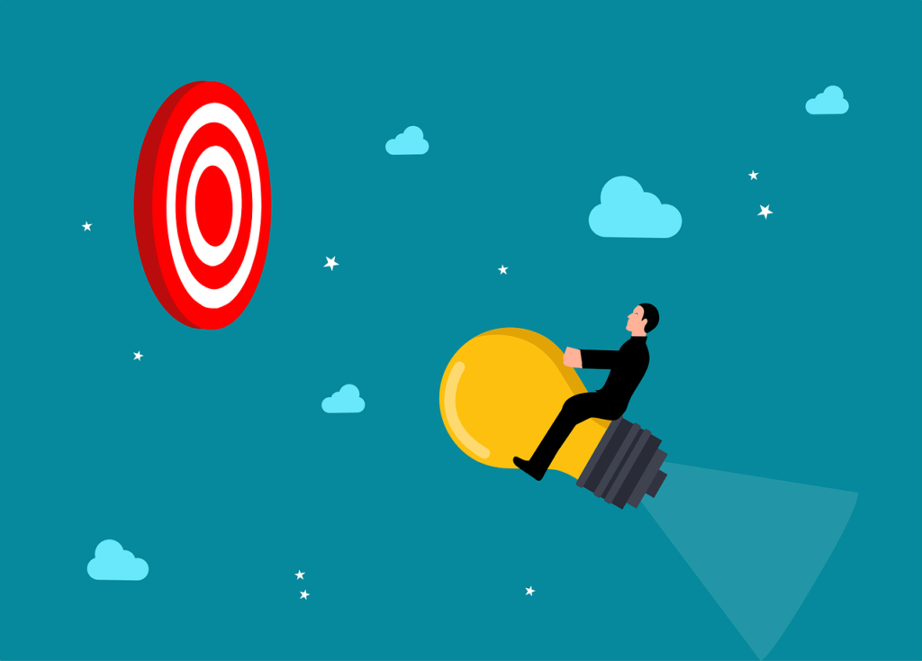 Marketing Direto: conceito, objetivos e exemplos práticos de como aplicar no seu negócio - Ilustração de um homem montado em uma lâmpada que flutua pelo céu em direção ao centro de um alvo vermelho e branco.