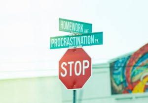 3 formas de usar Copywriting para parar de procrastinar - Imagem de uma placa de "Pare" em inglês e acima dela duas placas com as palavras "Homework" e "Procrastination" apontando para lugares diferentes.
