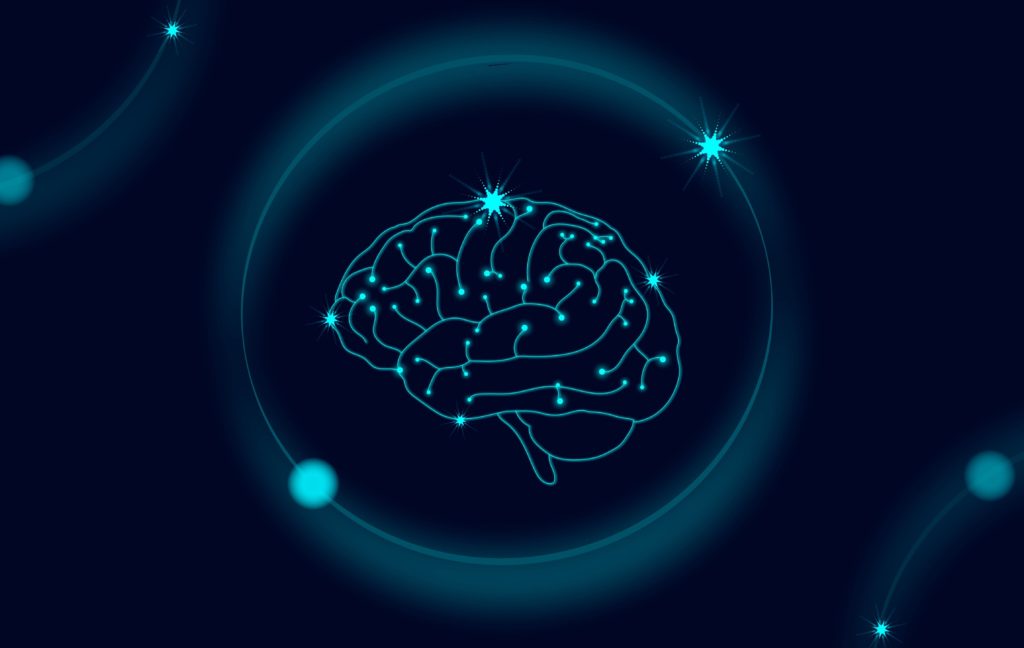 4 gatilhos mentais esquecidos no Marketing Digital - Ilustração de um cérebro em linhas na cor verde, sobre um fundo verde escuro.