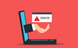 Fuja desses 7 erros ao abrir um negócio online - Ilustração de uma mão saindo de dentro da tela de um notebook segurando uma janela de notificação com a palavra "error" dentro